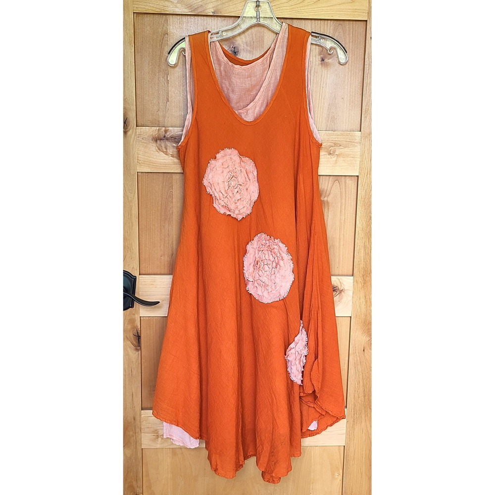 Unbranded 100% Cotton Large Orange Sleeveless Midi Boho Flowy Dress Festival L - Picture 2 of 9